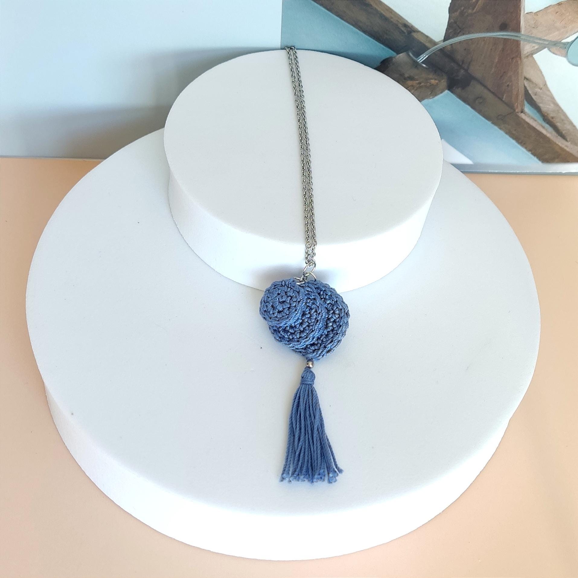 Pink Crochet Pendant Necklace - Handmade Boho Tassel Statement Jewelry - StepToLight