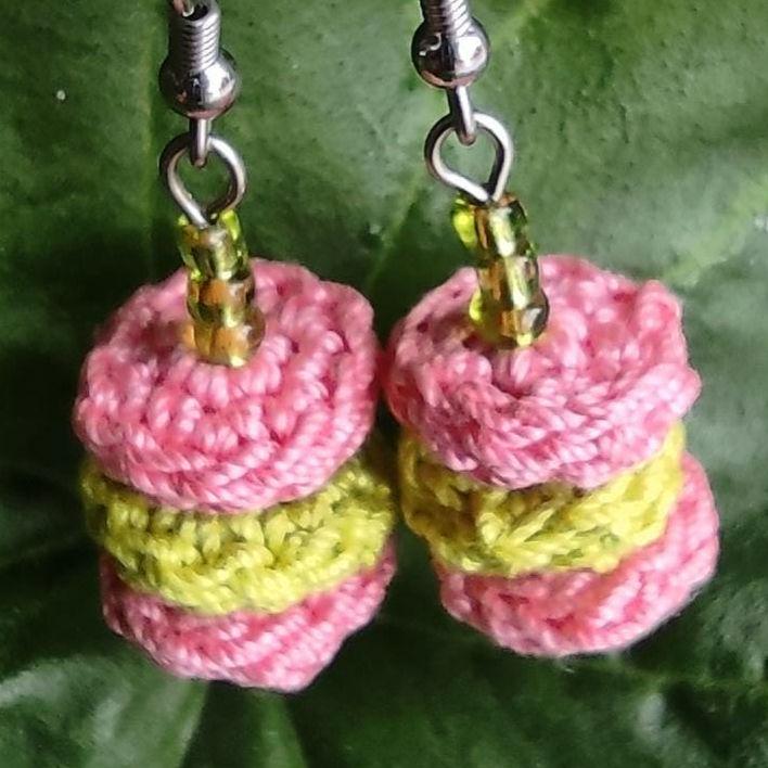 Pink & Green Crochet Dangle Earrings with Green Beads - Tiered Circle Drop - StepToLight
