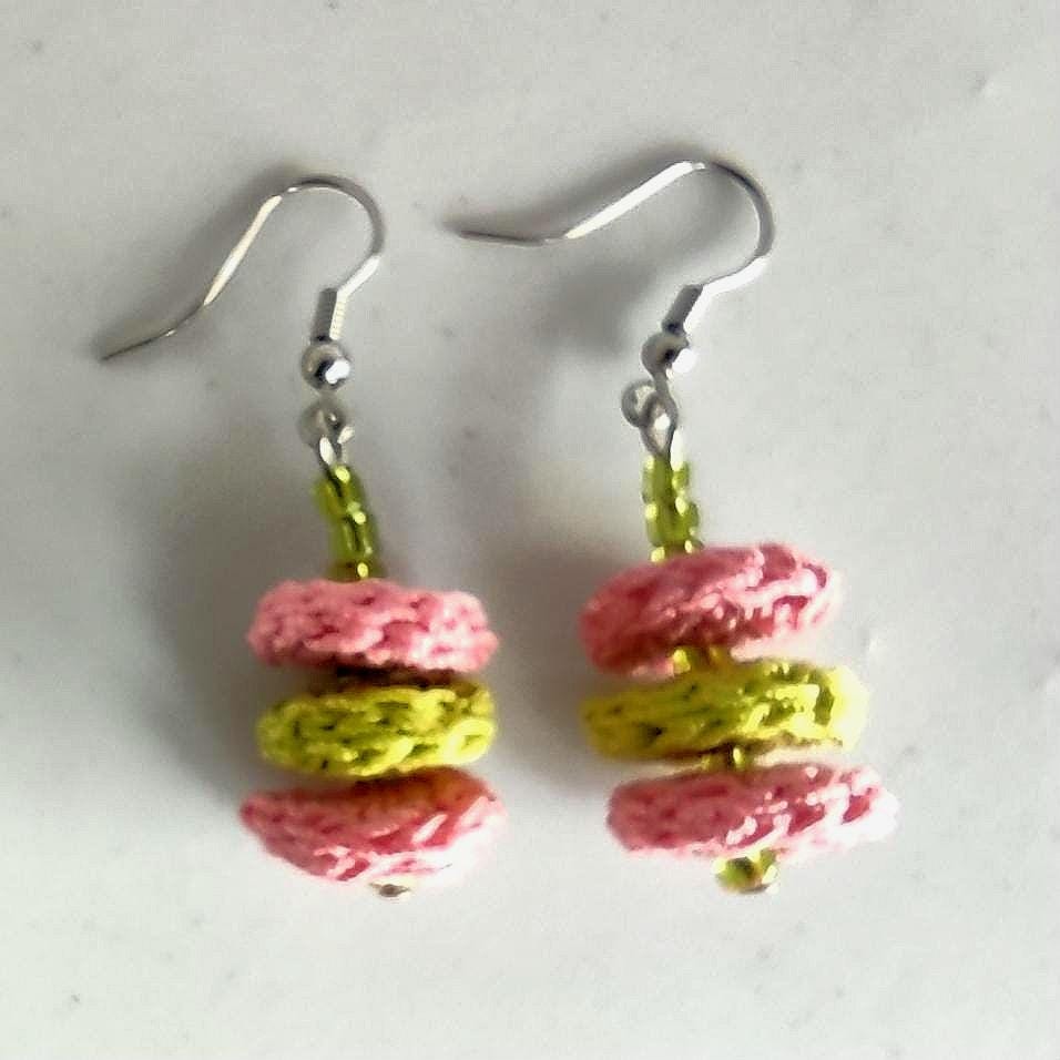 Pink & Green Crochet Dangle Earrings with Green Beads - Tiered Circle Drop - StepToLight