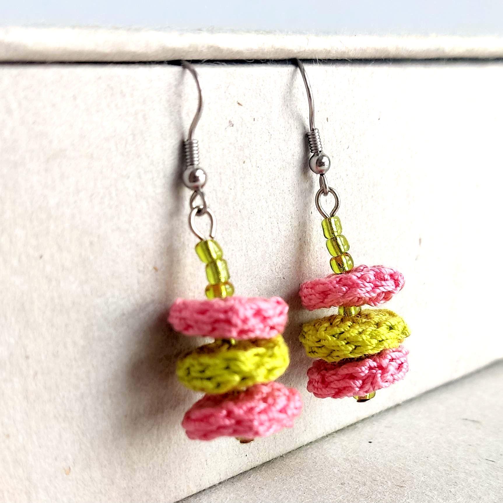 Pink & Green Crochet Dangle Earrings with Green Beads - Tiered Circle Drop - StepToLight