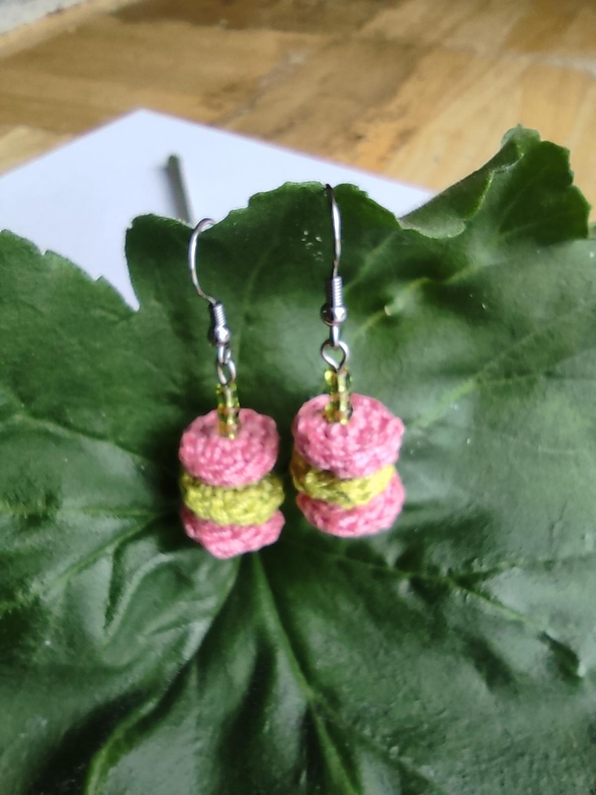 Pink & Green Crochet Dangle Earrings with Green Beads - Tiered Circle Drop - StepToLight
