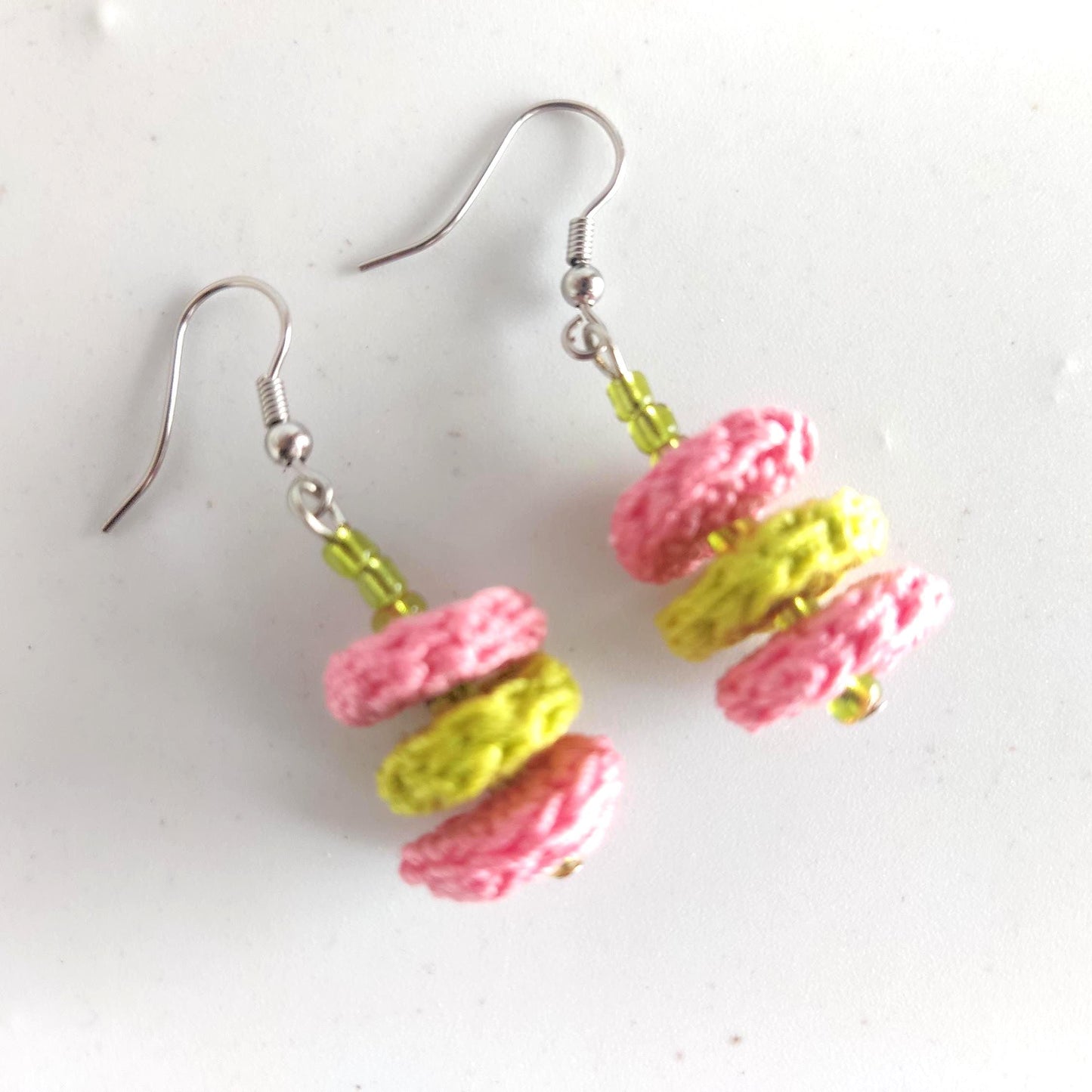 Pink & Green Crochet Dangle Earrings with Green Beads - Tiered Circle Drop - StepToLight