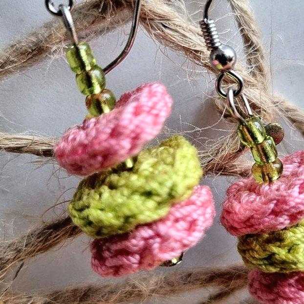 Pink & Green Crochet Dangle Earrings with Green Beads - Tiered Circle Drop - StepToLight