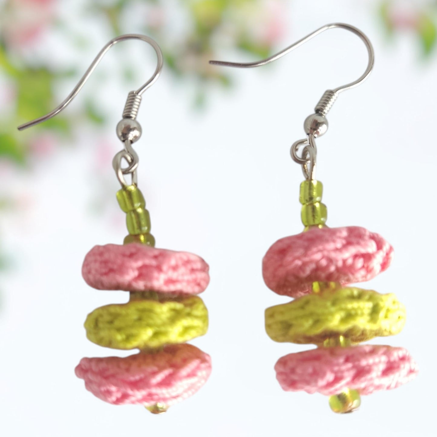 Pink & Green Crochet Dangle Earrings with Green Beads - Tiered Circle Drop - StepToLight