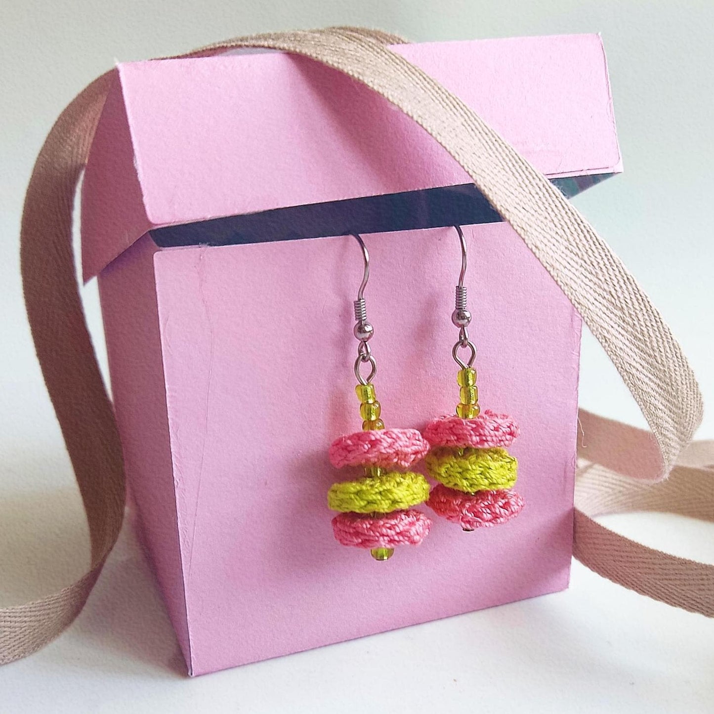 Pink & Green Crochet Dangle Earrings with Green Beads - Tiered Circle Drop - StepToLight