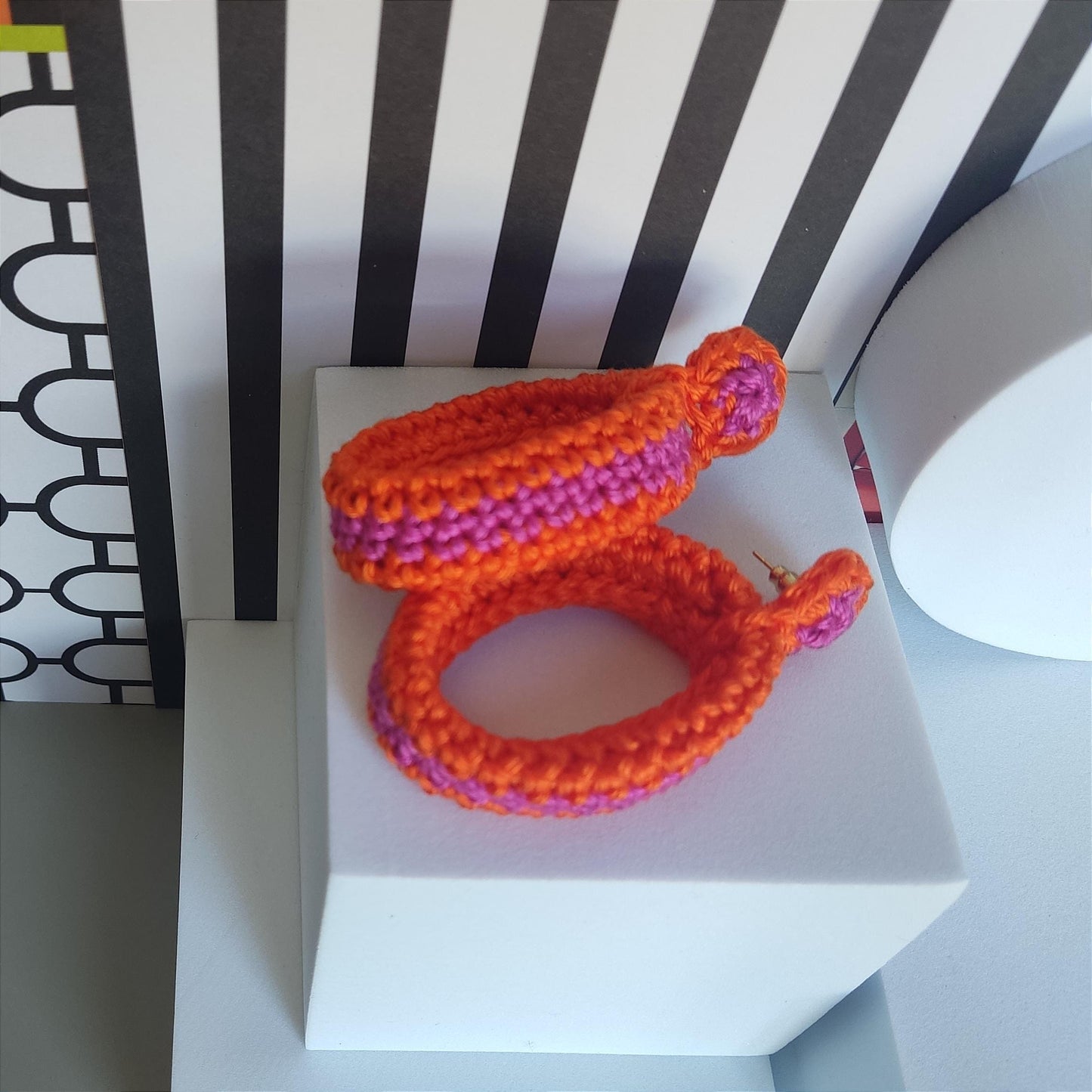 Pink & Green Crochet Hoop Earrings: Cotton Yarn, Gold Plated Studs - StepToLight