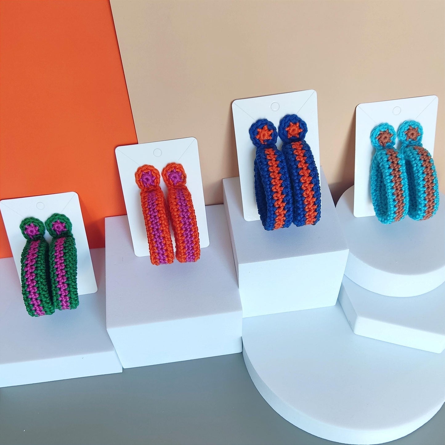 Pink & Green Crochet Hoop Earrings: Cotton Yarn, Gold Plated Studs - StepToLight
