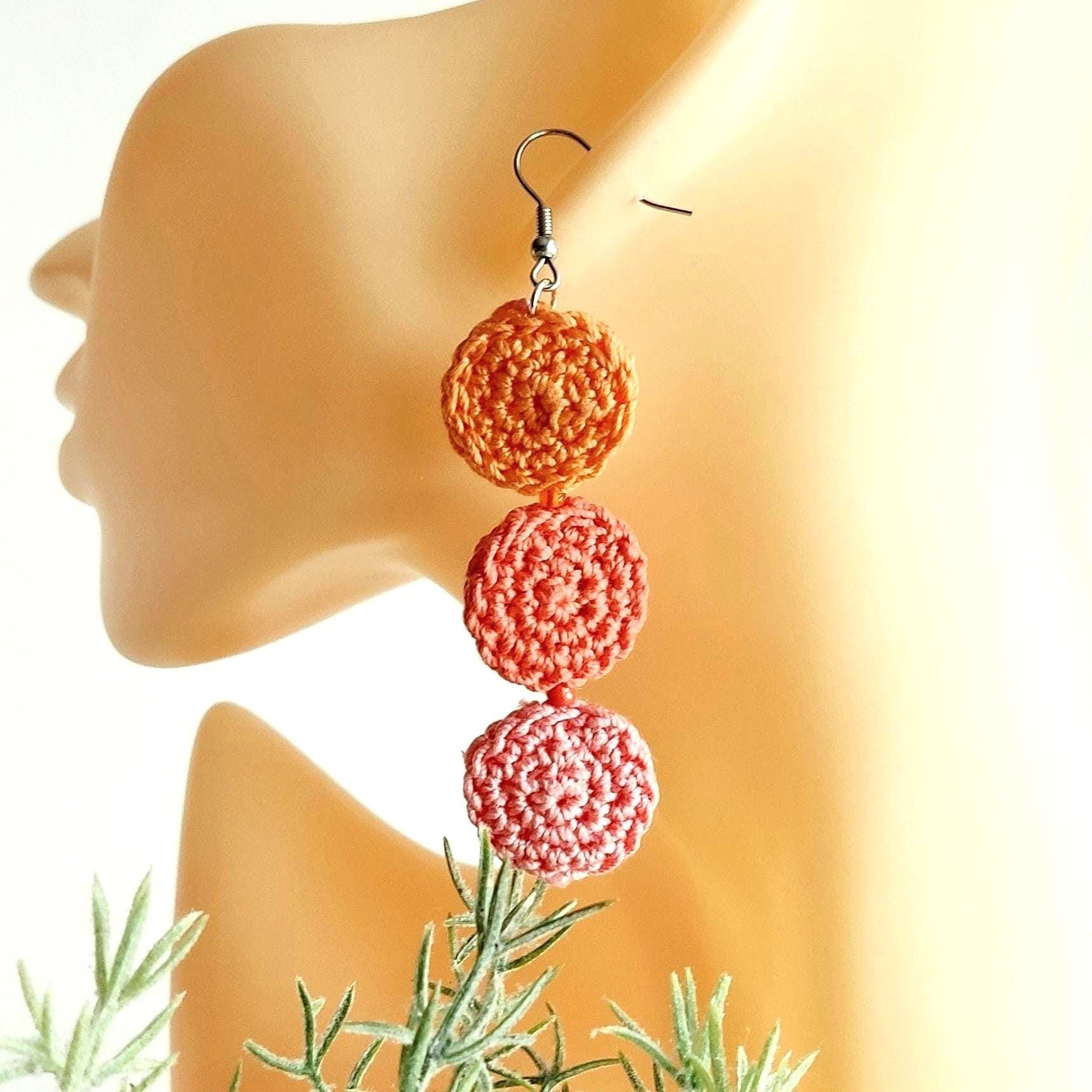 Pink Peach Coral Crochet Dangle Earrings - Tiered Circle Drop Design - StepToLight