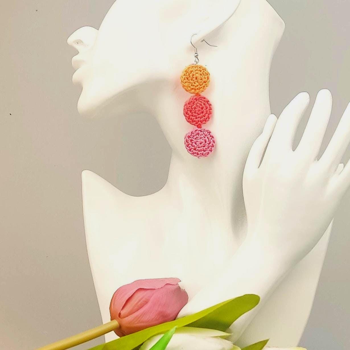 Pink Peach Coral Crochet Dangle Earrings - Tiered Circle Drop Design - StepToLight