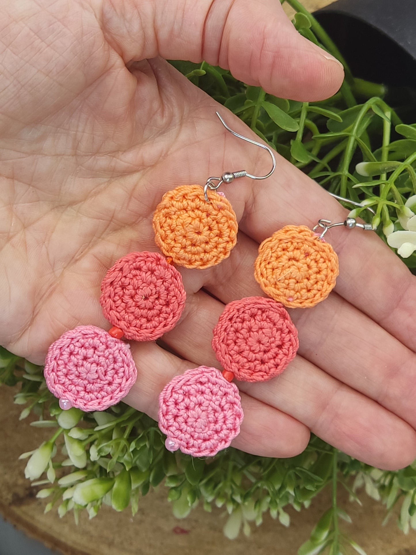 Pink Peach Coral Crochet Dangle Earrings - Tiered Circle Drop Design - StepToLight