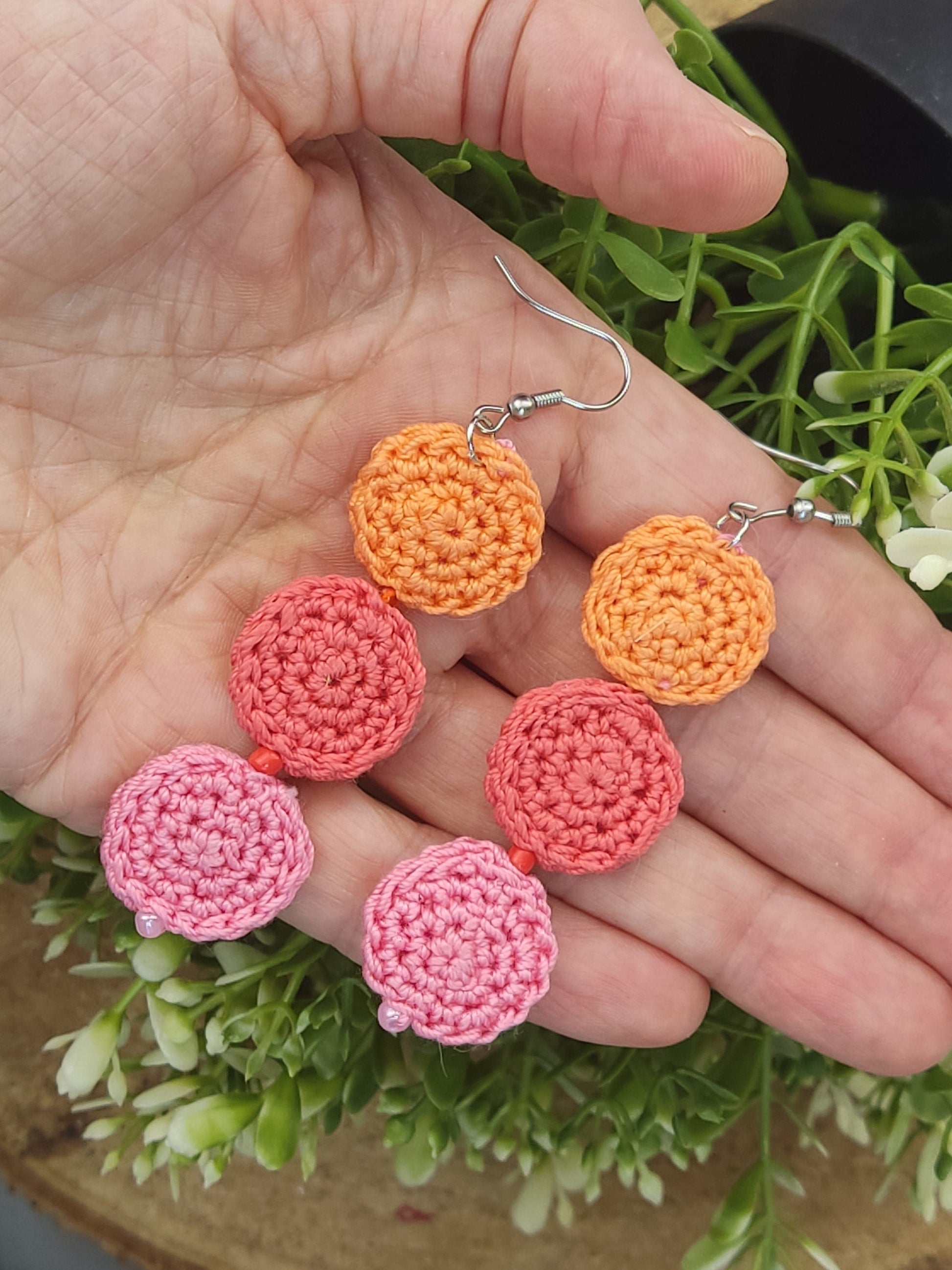 Pink Peach Coral Crochet Dangle Earrings - Tiered Circle Drop Design - StepToLight