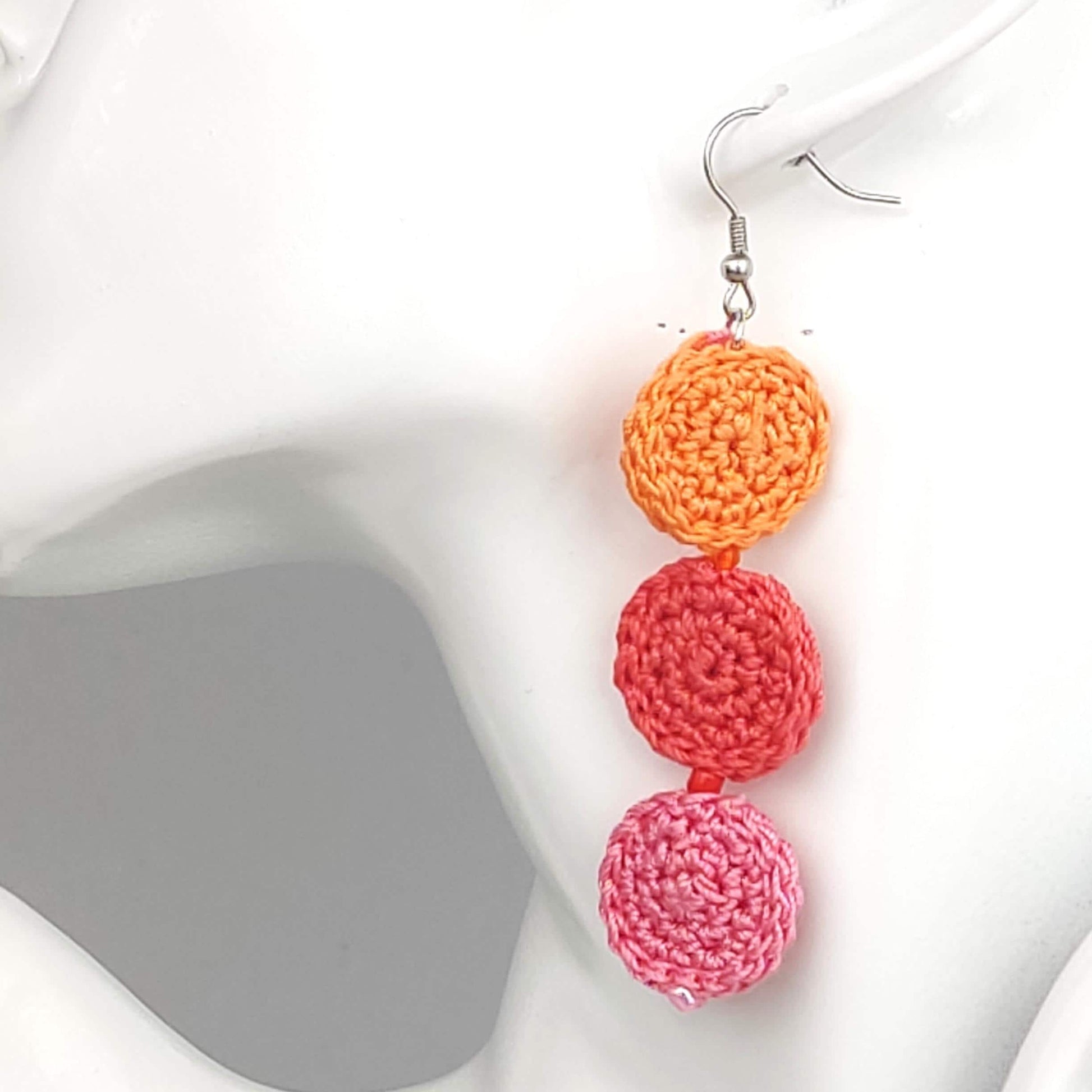 Pink Peach Coral Crochet Dangle Earrings - Tiered Circle Drop Design - StepToLight