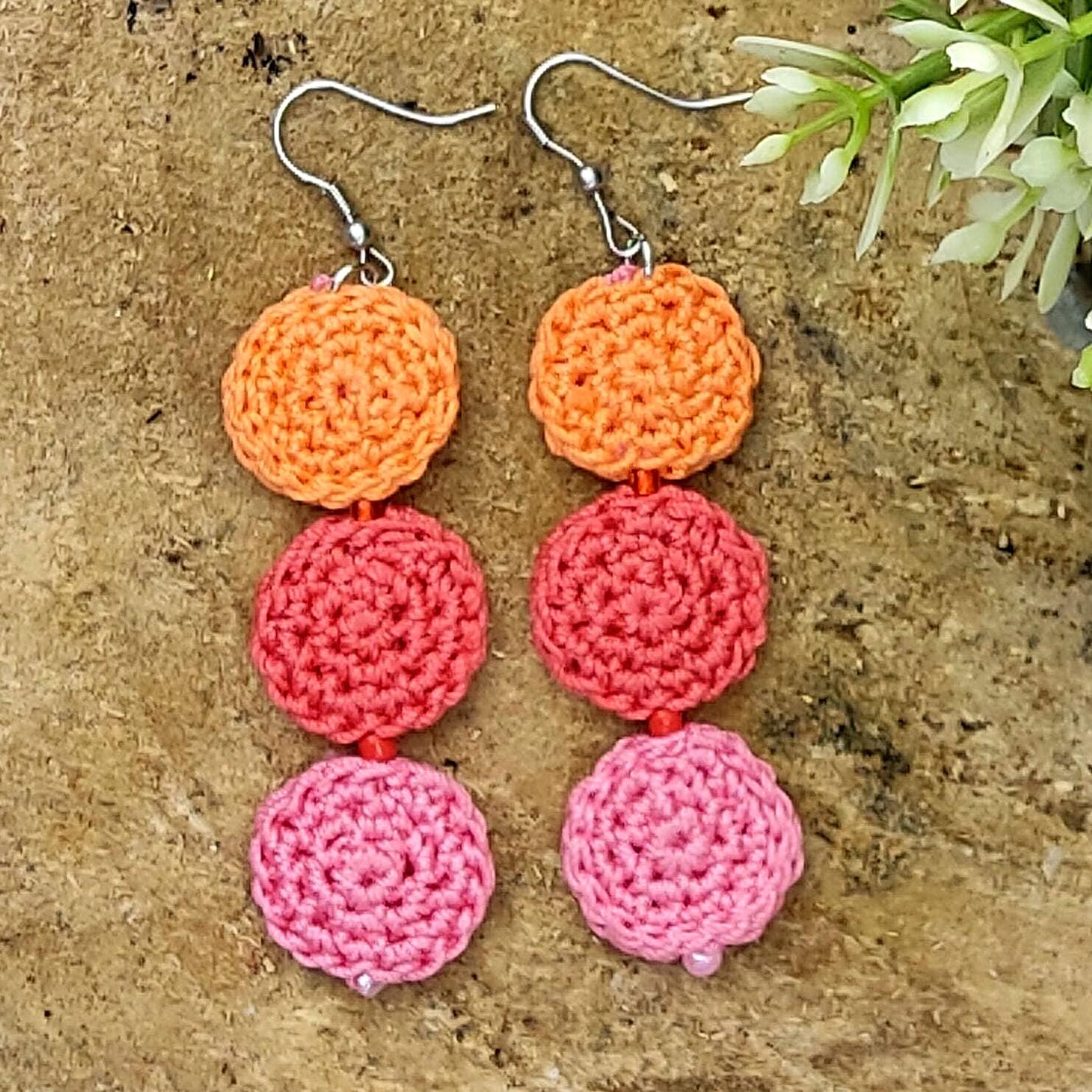 Pink Peach Coral Crochet Dangle Earrings - Tiered Circle Drop Design - StepToLight