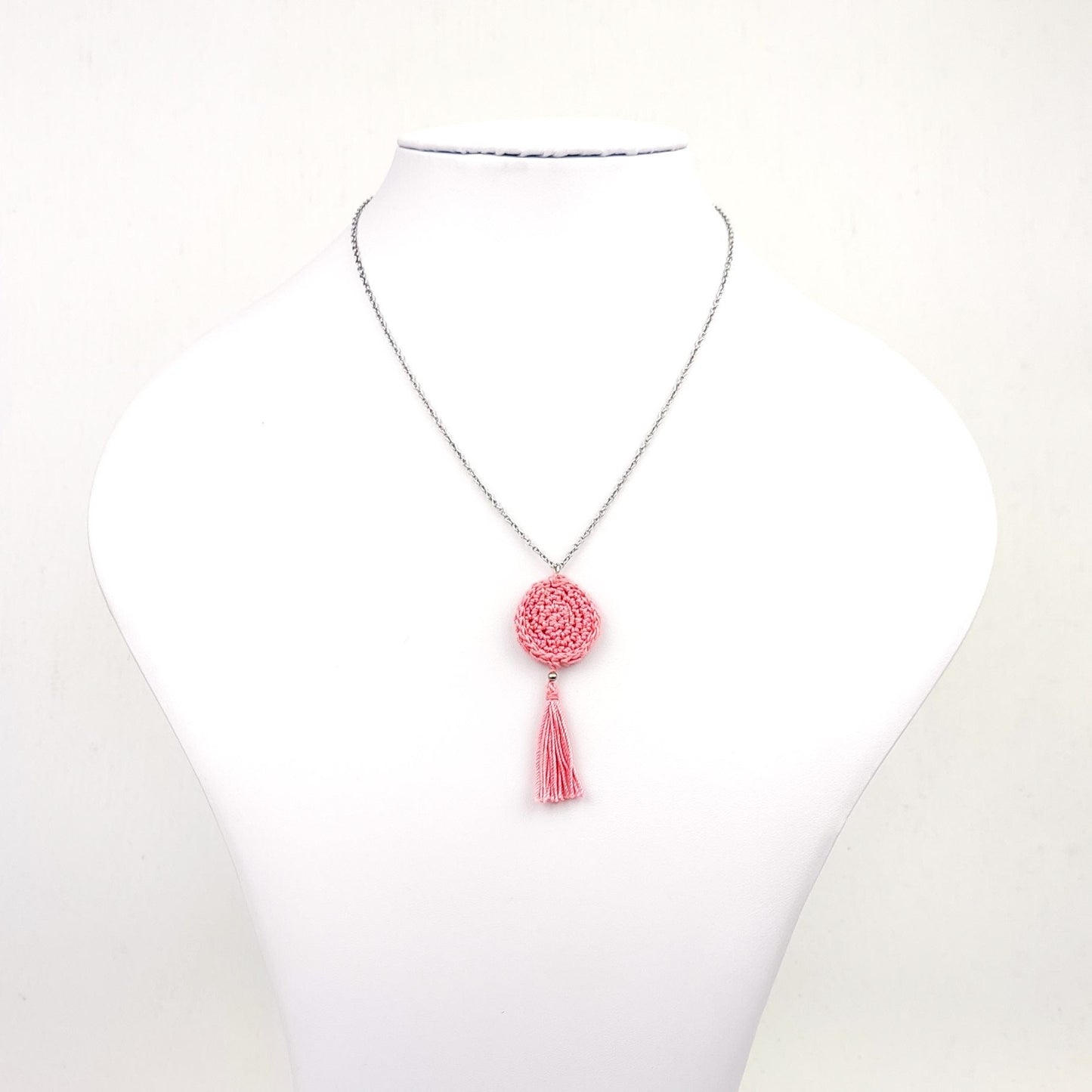 Pink Peach Coral Crochet Dangle Earrings - Tiered Circle Drop Design - StepToLight