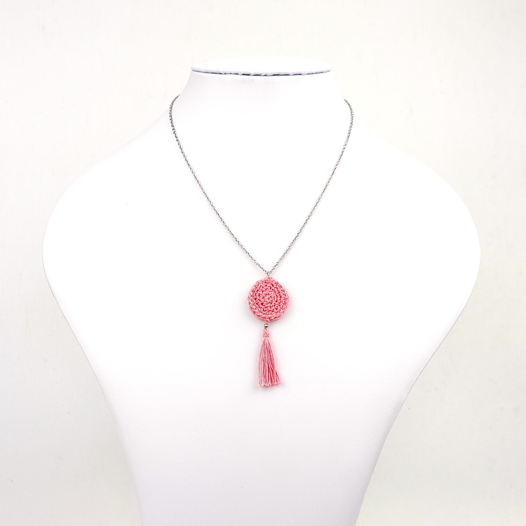 Pink Peach Coral Crochet Dangle Earrings - Tiered Circle Drop Design - StepToLight