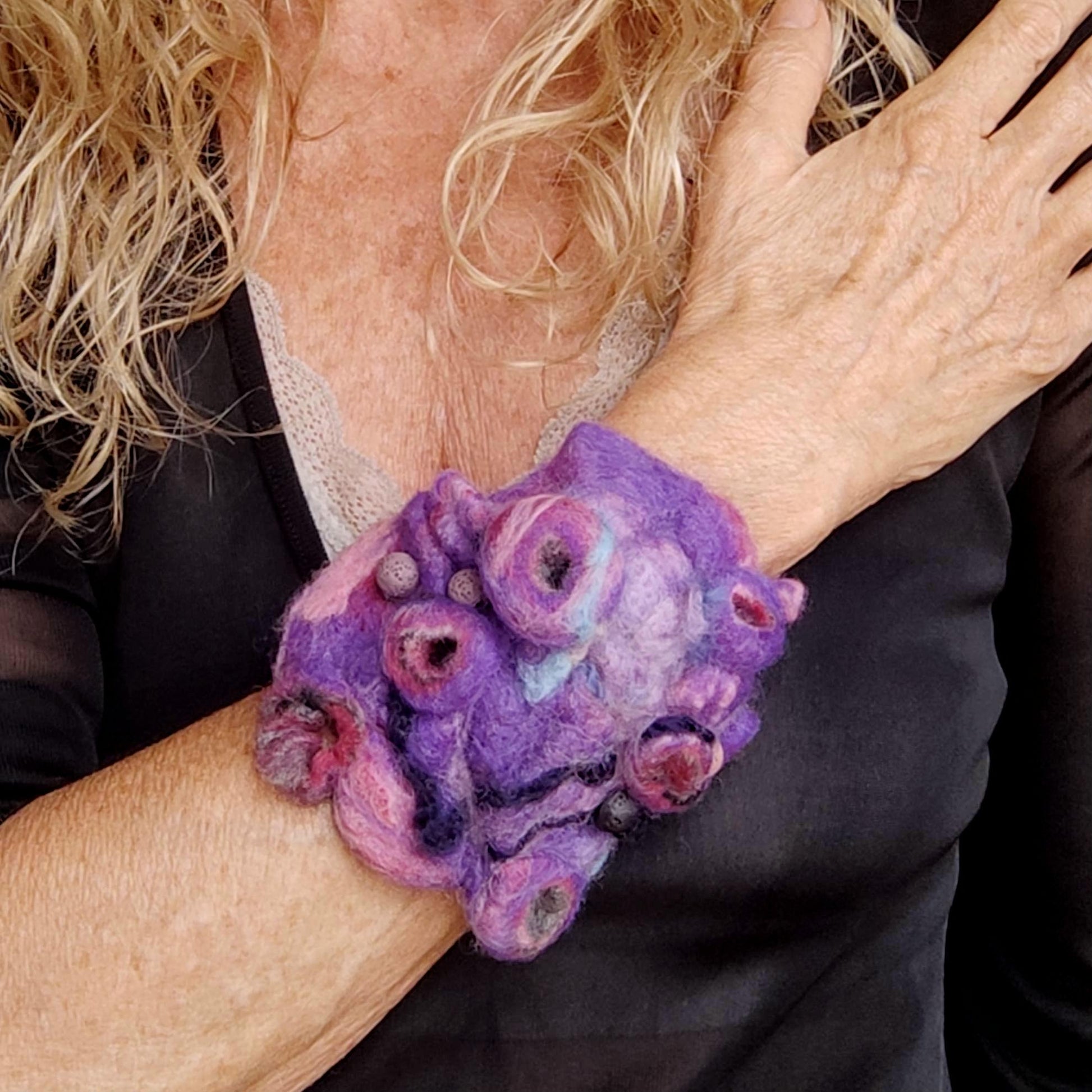 Purple Felt Cuff Bracelet | Abstract Design on Leather | Handmade Boho Jewelry - StepToLight