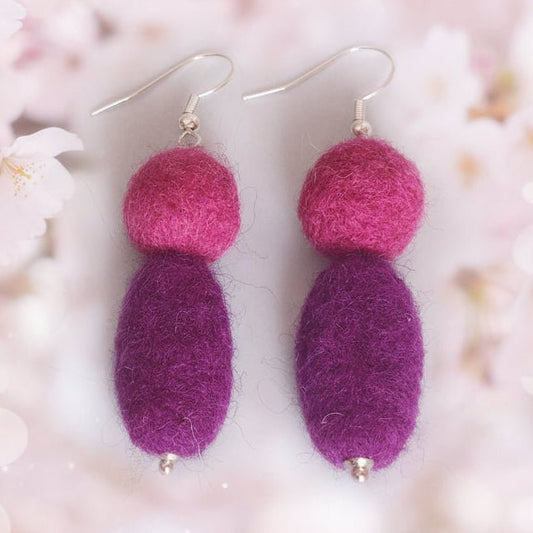Purple Hot Pink Felt Dangle Earrings | Needle Felted Boho Statement Jewelry - StepToLight