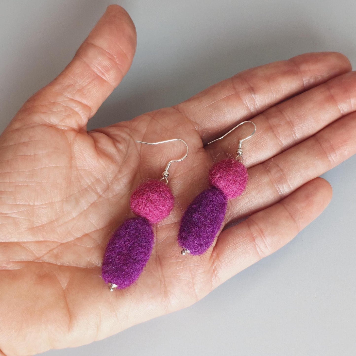 Purple Hot Pink Felt Dangle Earrings | Needle Felted Boho Statement Jewelry - StepToLight
