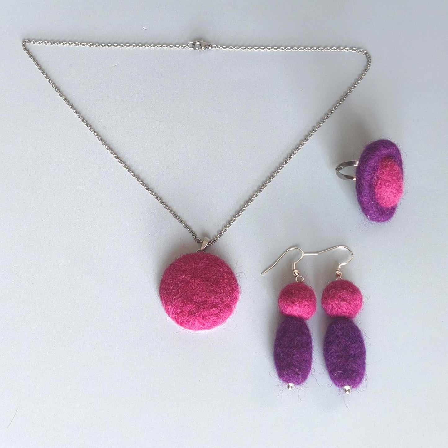 Purple Hot Pink Felt Dangle Earrings | Needle Felted Boho Statement Jewelry - StepToLight