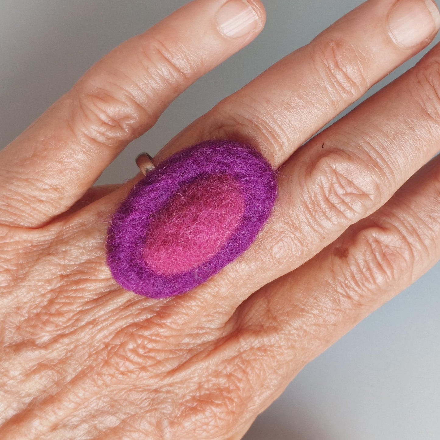 Purple Hot Pink Felt Ring Oval Adjustable Handmade Statement Ring - StepToLight