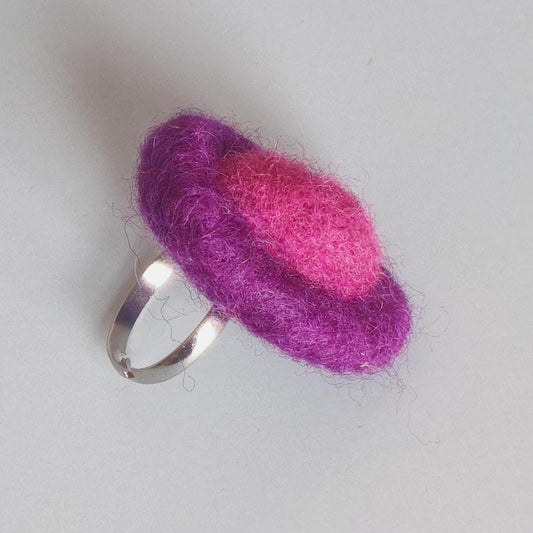 Purple Hot Pink Felt Ring Oval Adjustable Handmade Statement Ring - StepToLight