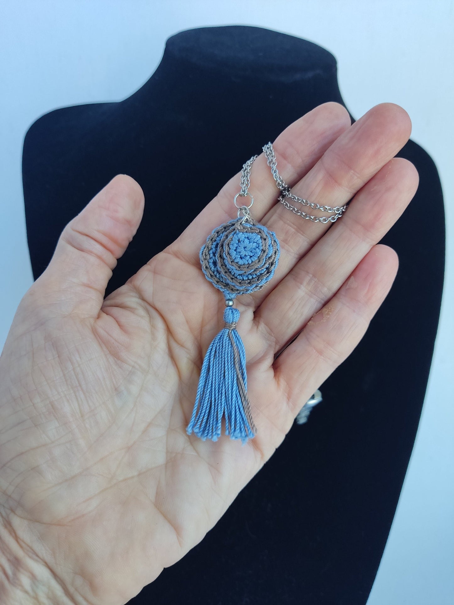 Red & Beige Crochet Pendant Necklace - Handmade Boho Tassel Statement Jewelry - StepToLight
