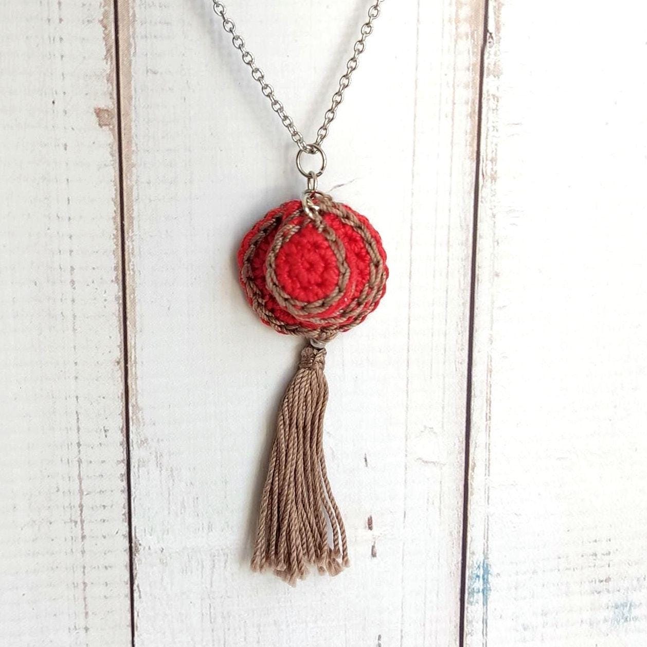 Red & Beige Crochet Pendant Necklace - Handmade Boho Tassel Statement Jewelry - StepToLight