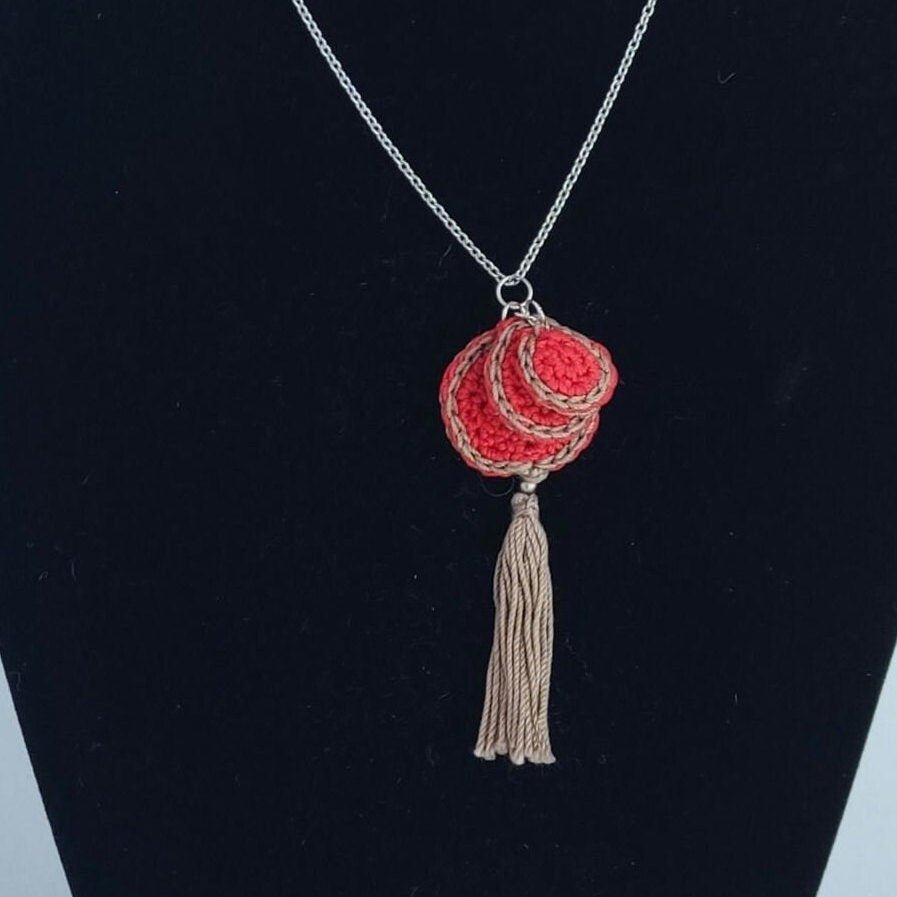 Red & Beige Crochet Pendant Necklace - Handmade Boho Tassel Statement Jewelry - StepToLight