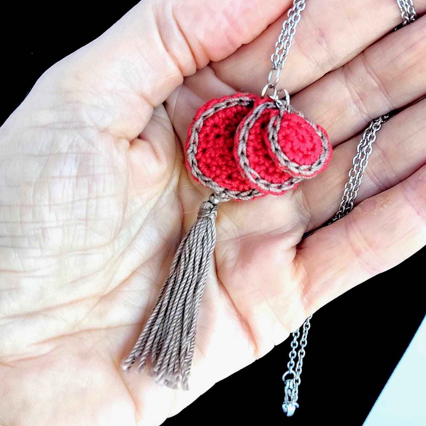 Red & Beige Crochet Pendant Necklace - Handmade Boho Tassel Statement Jewelry - StepToLight