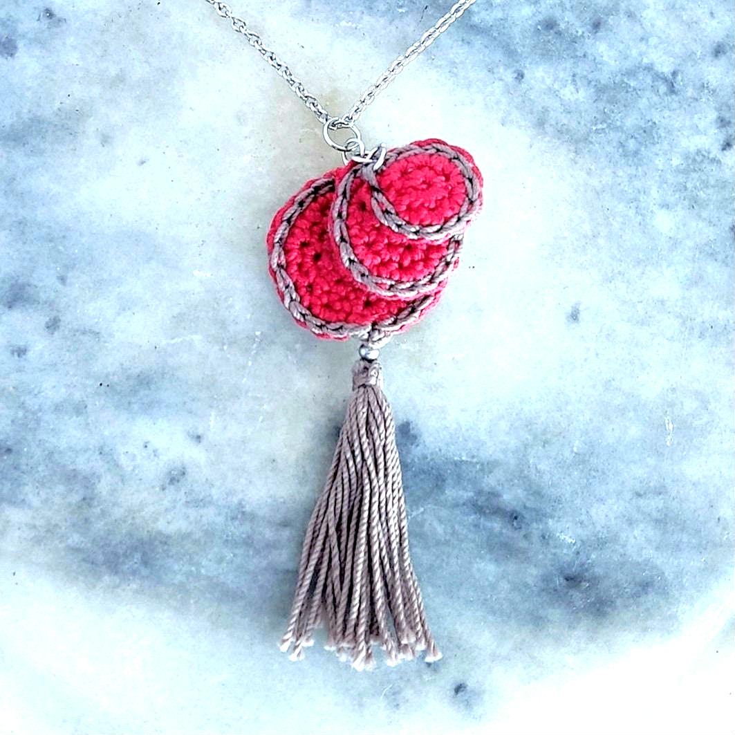 Red & Beige Crochet Pendant Necklace - Handmade Boho Tassel Statement Jewelry - StepToLight