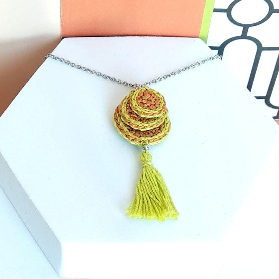 Red & Beige Crochet Pendant Necklace - Handmade Boho Tassel Statement Jewelry - StepToLight