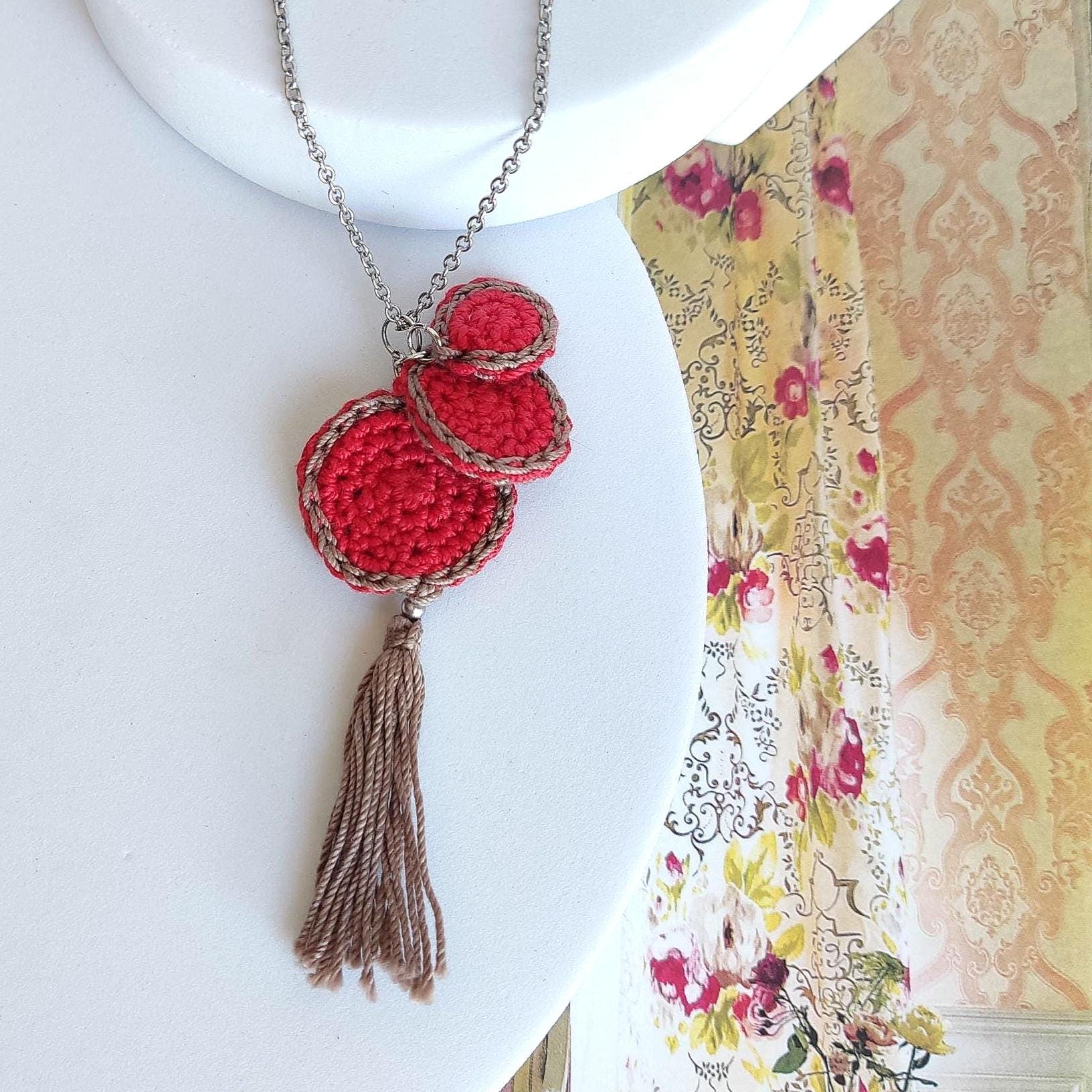 Red & Beige Crochet Pendant Necklace - Handmade Boho Tassel Statement Jewelry - StepToLight