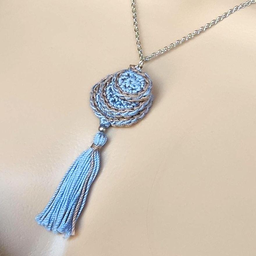 Red & Beige Crochet Pendant Necklace - Handmade Boho Tassel Statement Jewelry - StepToLight