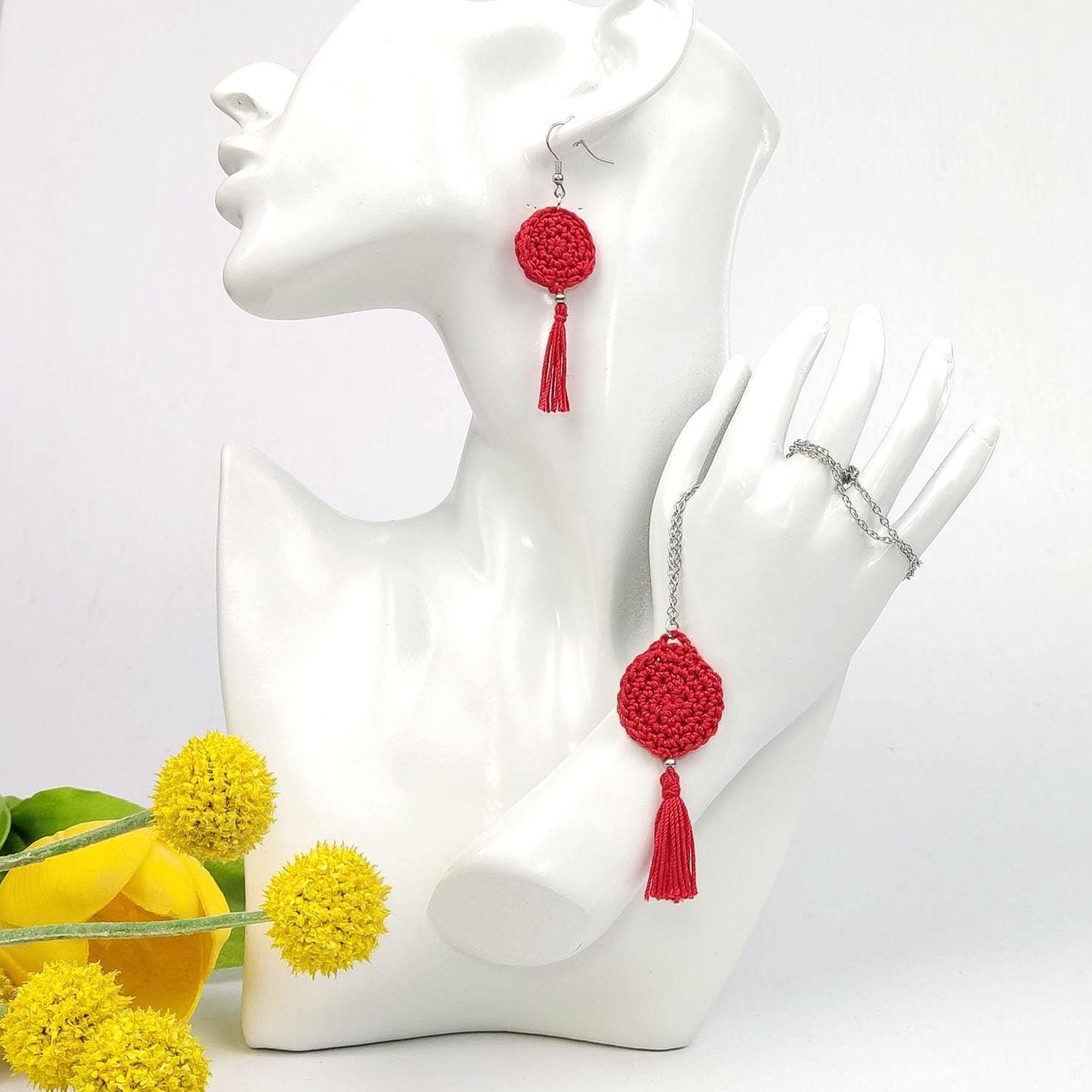 Red Crochet Jewelry Set | Tassel Necklace & Earrings | Handmade Boho Gift - StepToLight