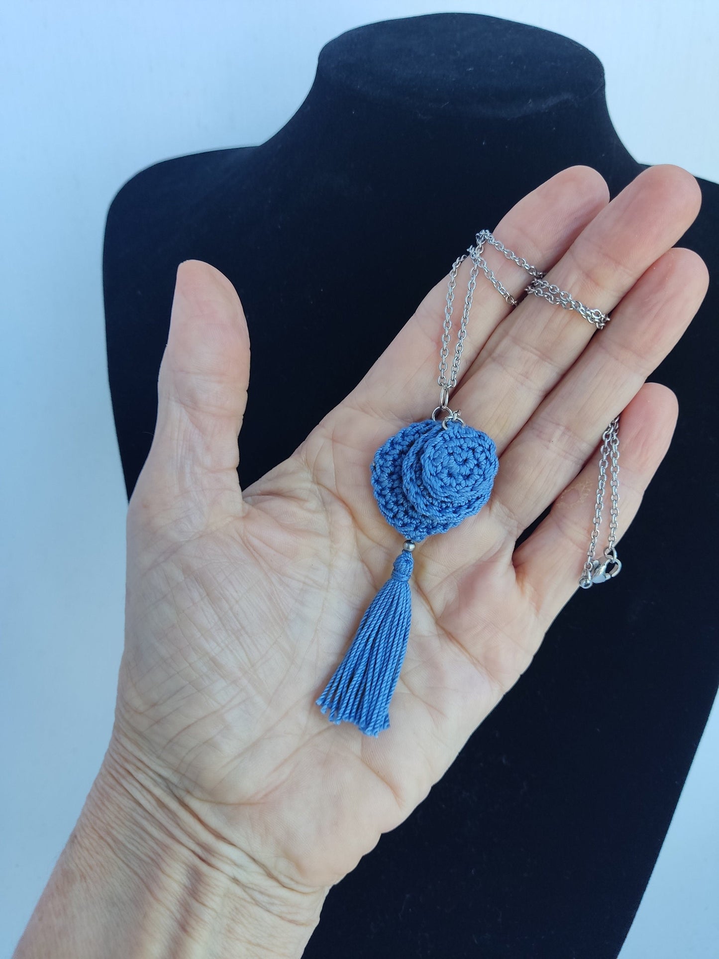 Red Crochet Pendant Necklace - Handmade Boho Tassel Statement Jewelry - StepToLight
