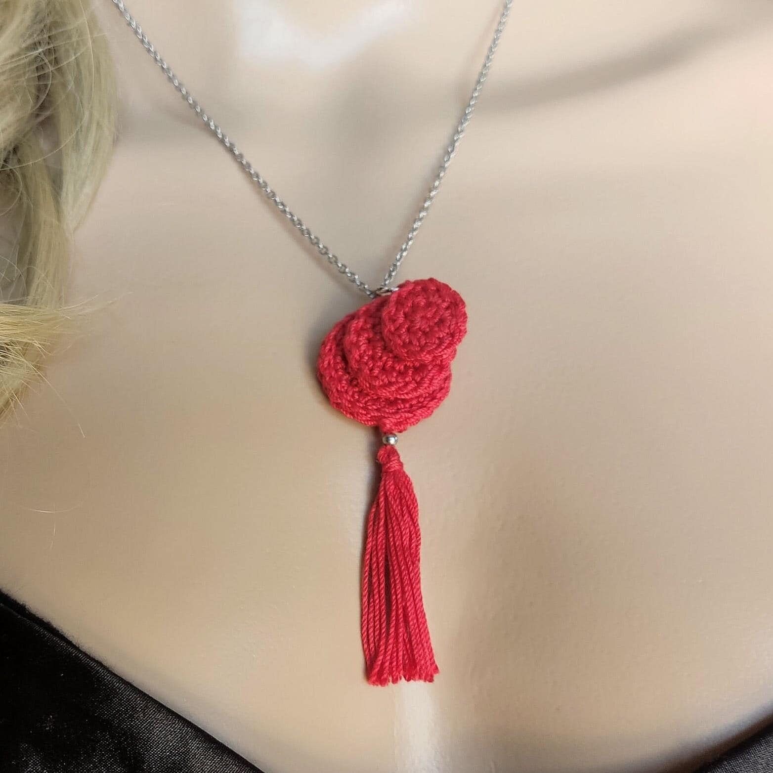 Red Crochet Pendant Necklace - Handmade Boho Tassel Statement Jewelry - StepToLight