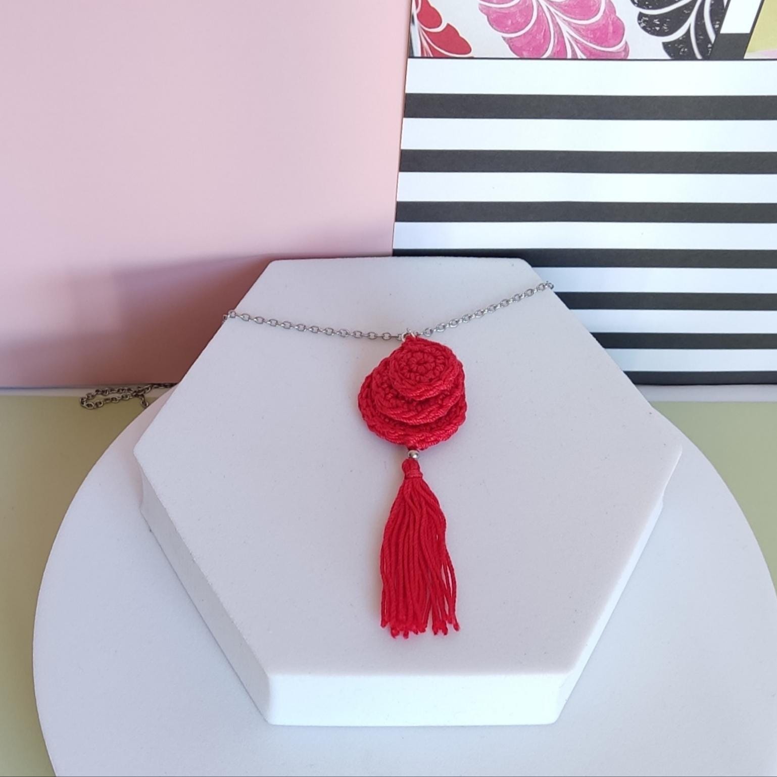 Red Crochet Pendant Necklace - Handmade Boho Tassel Statement Jewelry - StepToLight