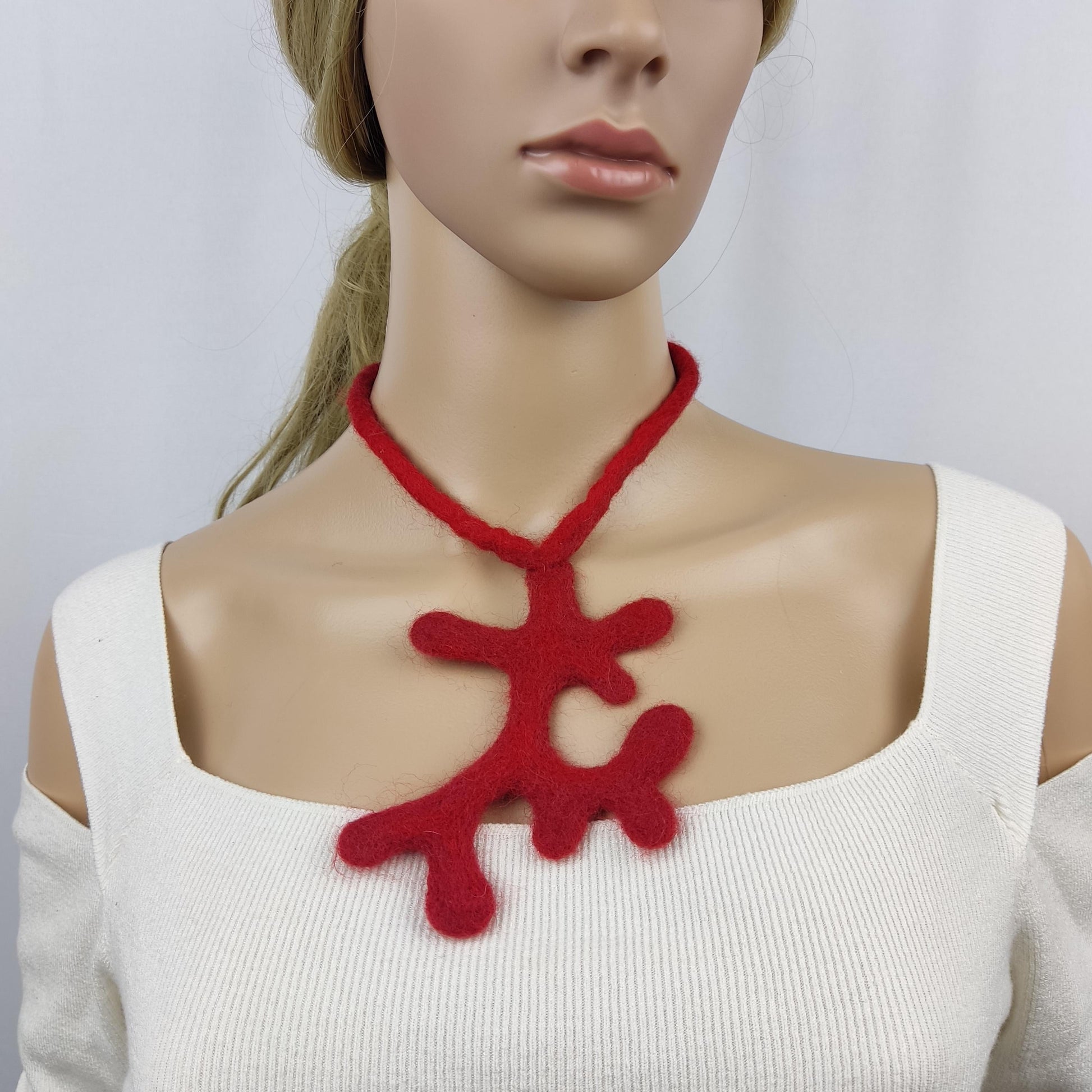 Red Felt Choker | Branch & Leaves Art to Wear | Handmade Merino Wool - StepToLight