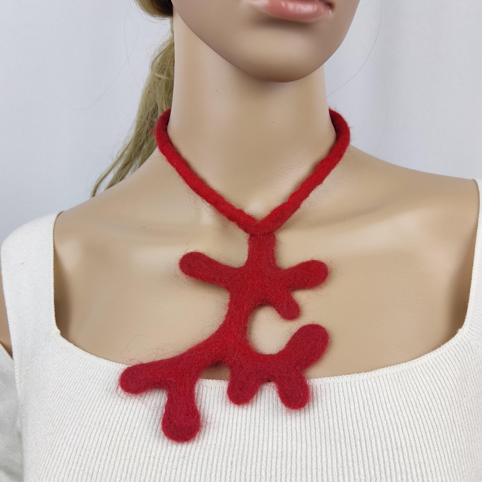 Red Felt Choker | Branch & Leaves Art to Wear | Handmade Merino Wool - StepToLight