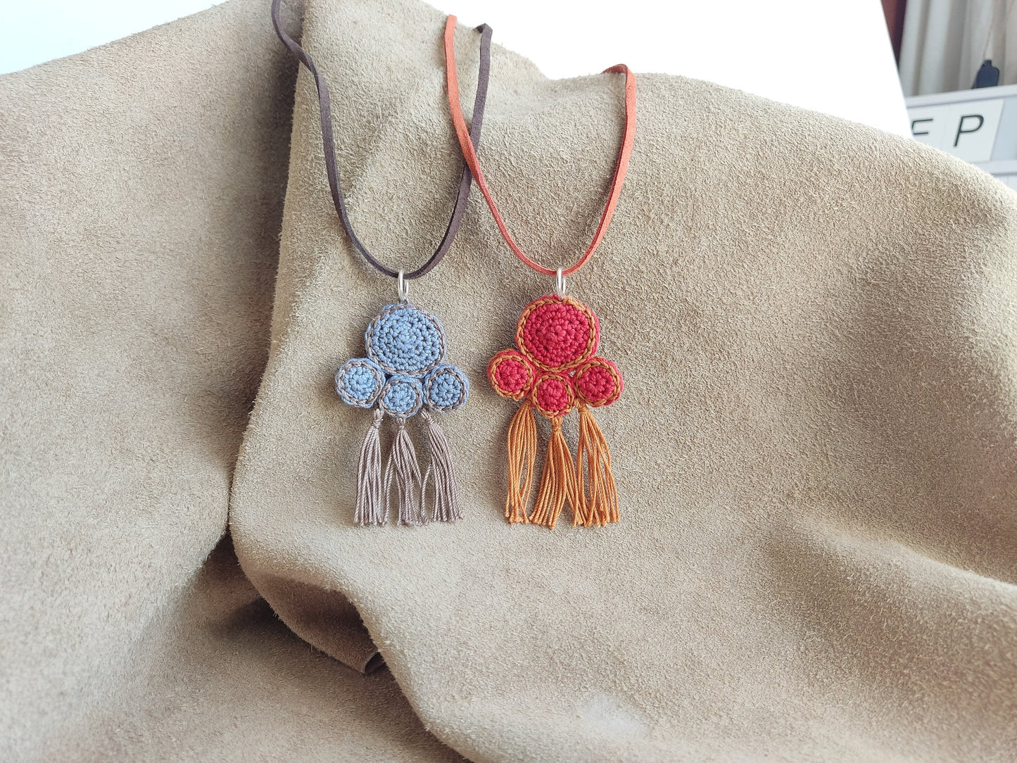 Red & Rust Orange Crochet Pendant Necklace - Ancient Greek Inspired Leather Strap Boho Jewelry - StepToLight