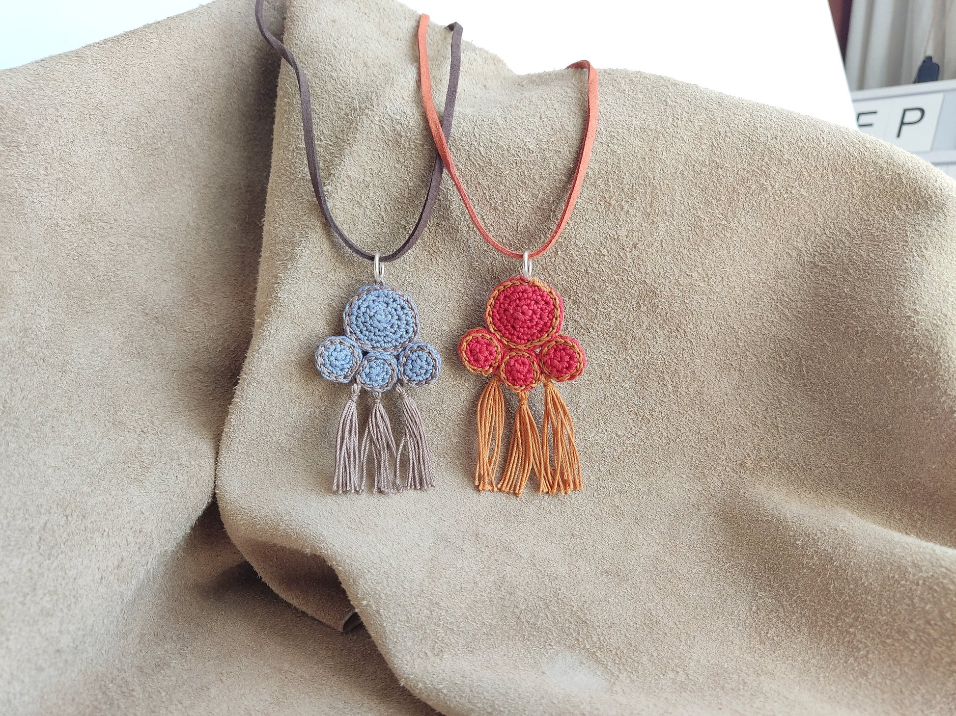 Red & Rust Orange Crochet Pendant Necklace - Ancient Greek Inspired Leather Strap Boho Jewelry - StepToLight