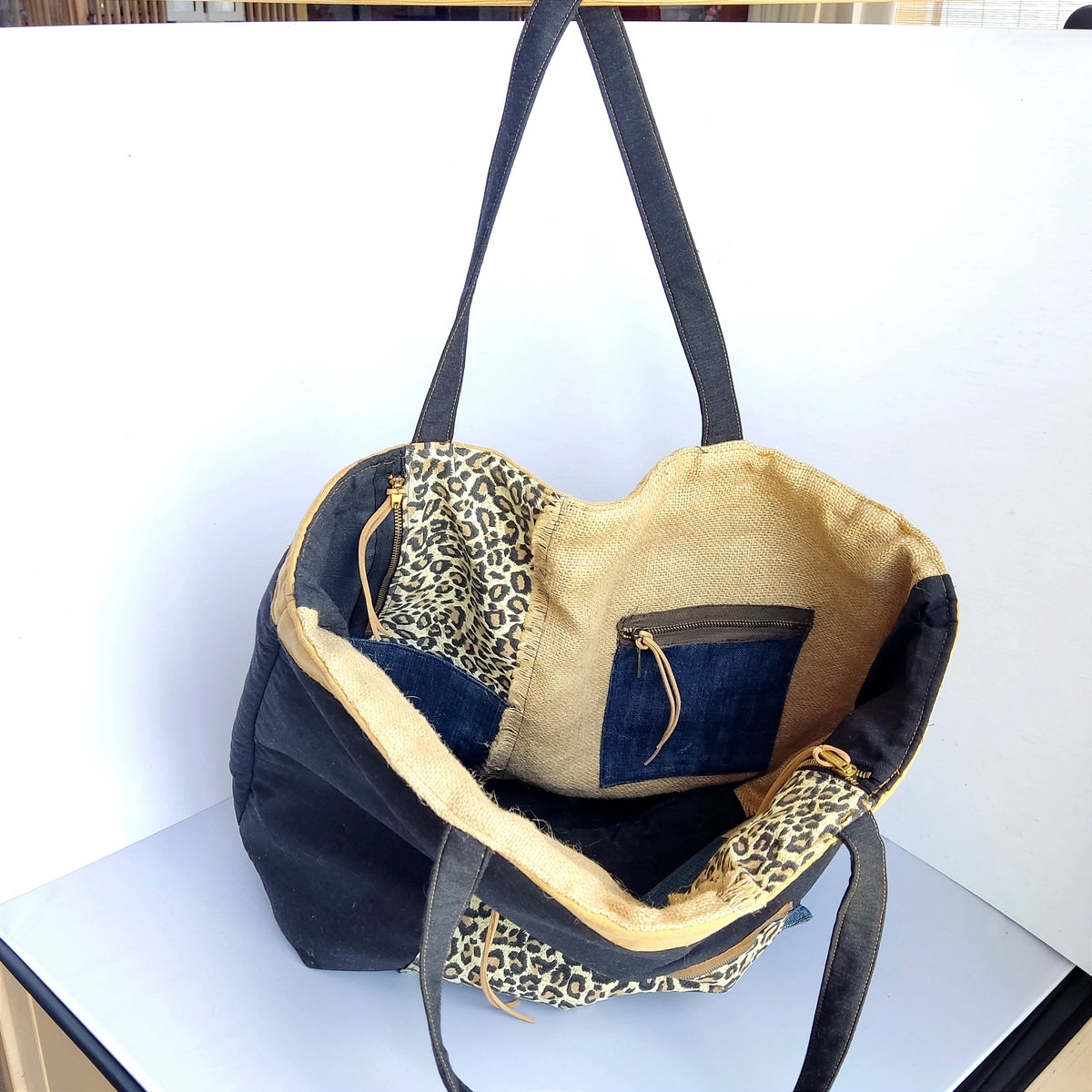 Reversible Tote Bag — Black Leopard & Boho Burlap | Large Handmade Bag | Limited Edition - StepToLight
