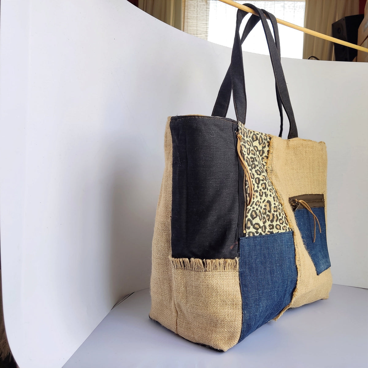 Reversible Tote Bag — Black Leopard & Boho Burlap | Large Handmade Bag | Limited Edition - StepToLight