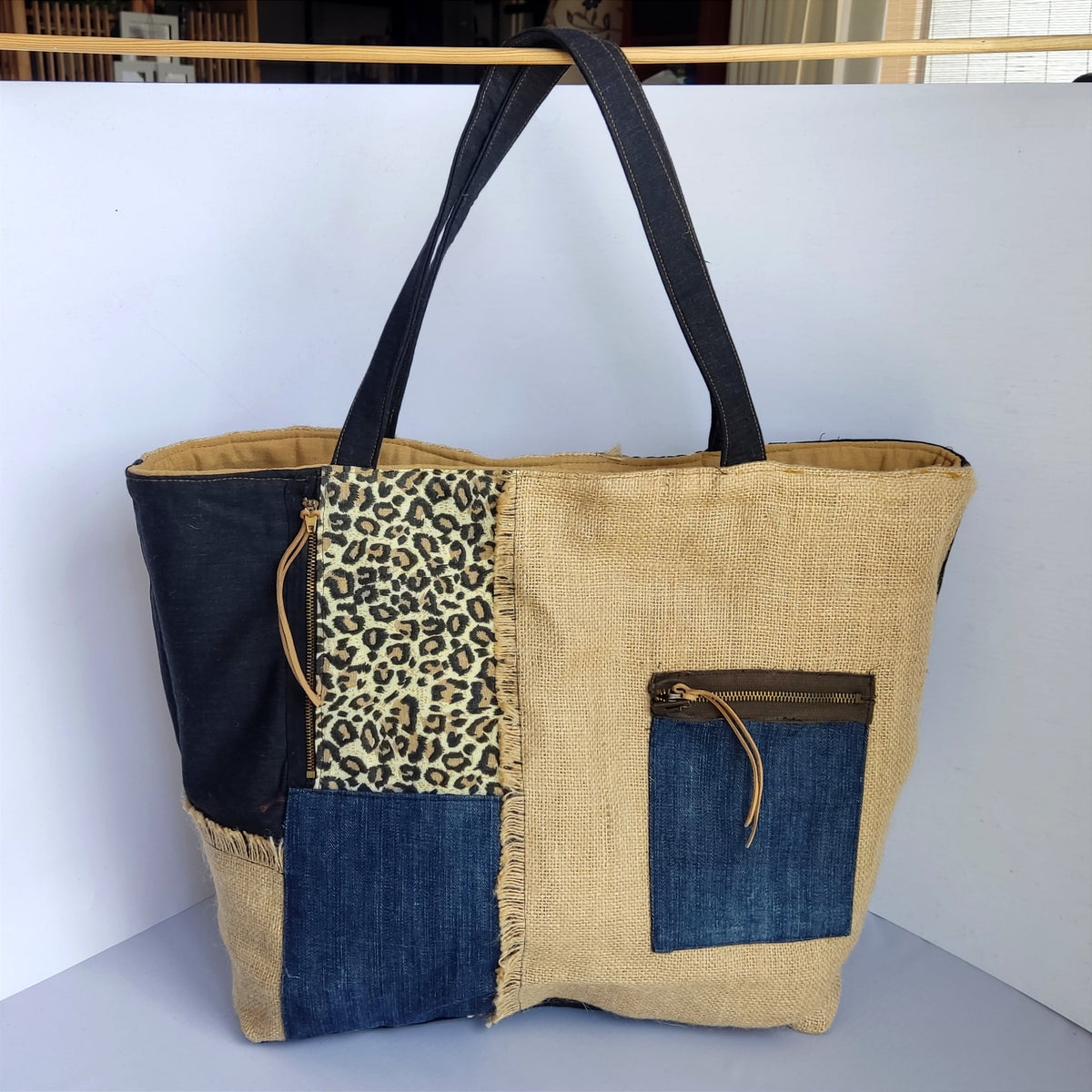 Reversible Tote Bag — Black Leopard & Boho Burlap | Large Handmade Bag | Limited Edition - StepToLight