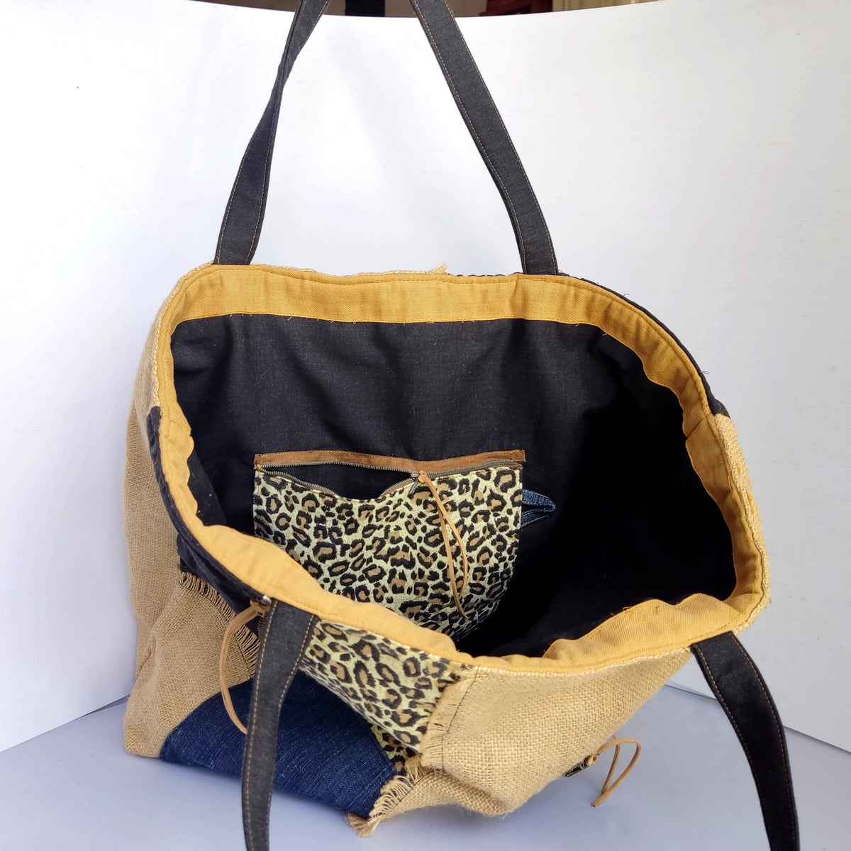 Reversible Tote Bag — Black Leopard & Boho Burlap | Large Handmade Bag | Limited Edition - StepToLight