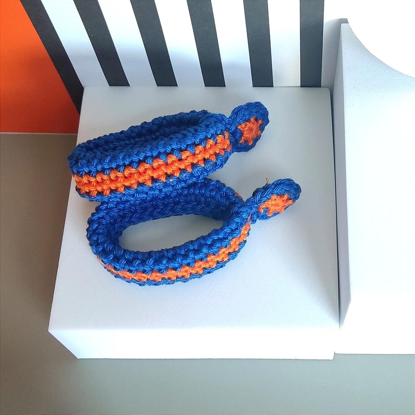 Royal Blue & Burnt Orange Crochet Hoop Earrings: Cotton Yarn, Gold Plated Studs - StepToLight
