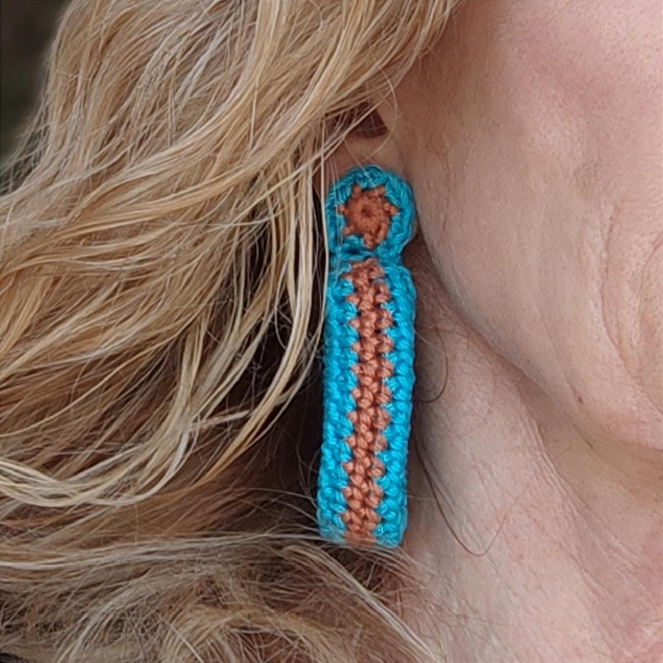 Royal Blue & Burnt Orange Crochet Hoop Earrings: Cotton Yarn, Gold Plated Studs - StepToLight