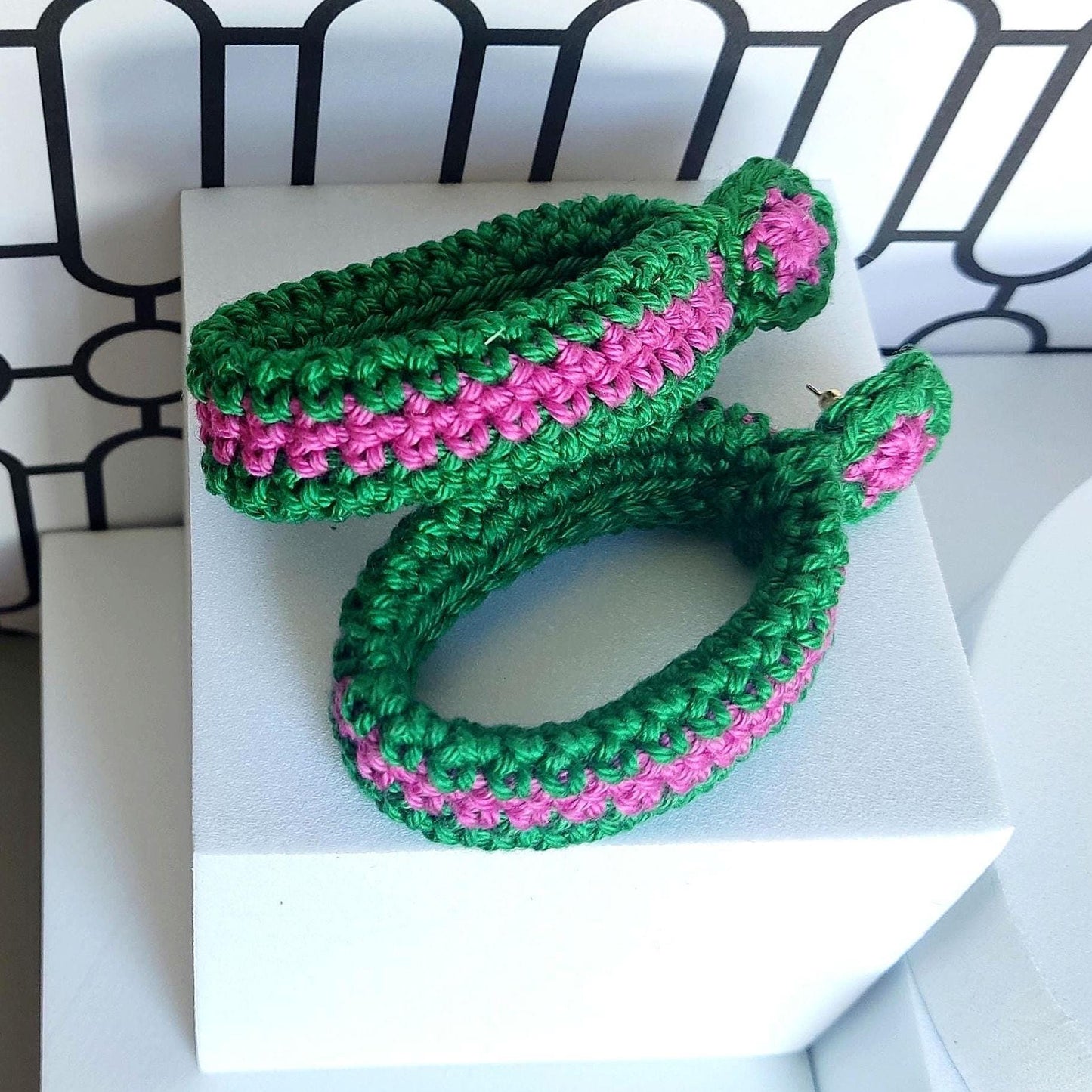 Royal Blue & Burnt Orange Crochet Hoop Earrings: Cotton Yarn, Gold Plated Studs - StepToLight