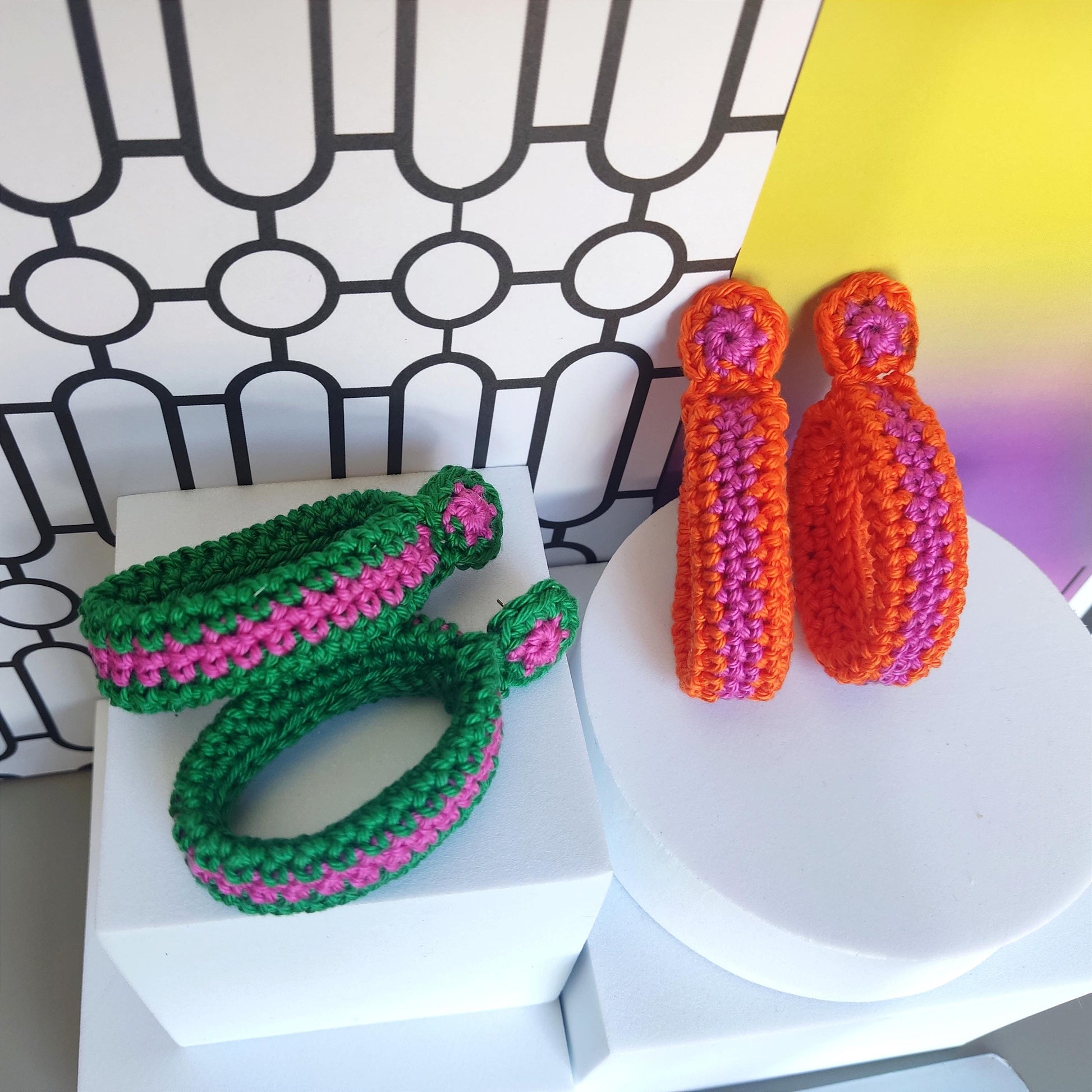 Royal Blue & Burnt Orange Crochet Hoop Earrings: Cotton Yarn, Gold Plated Studs - StepToLight