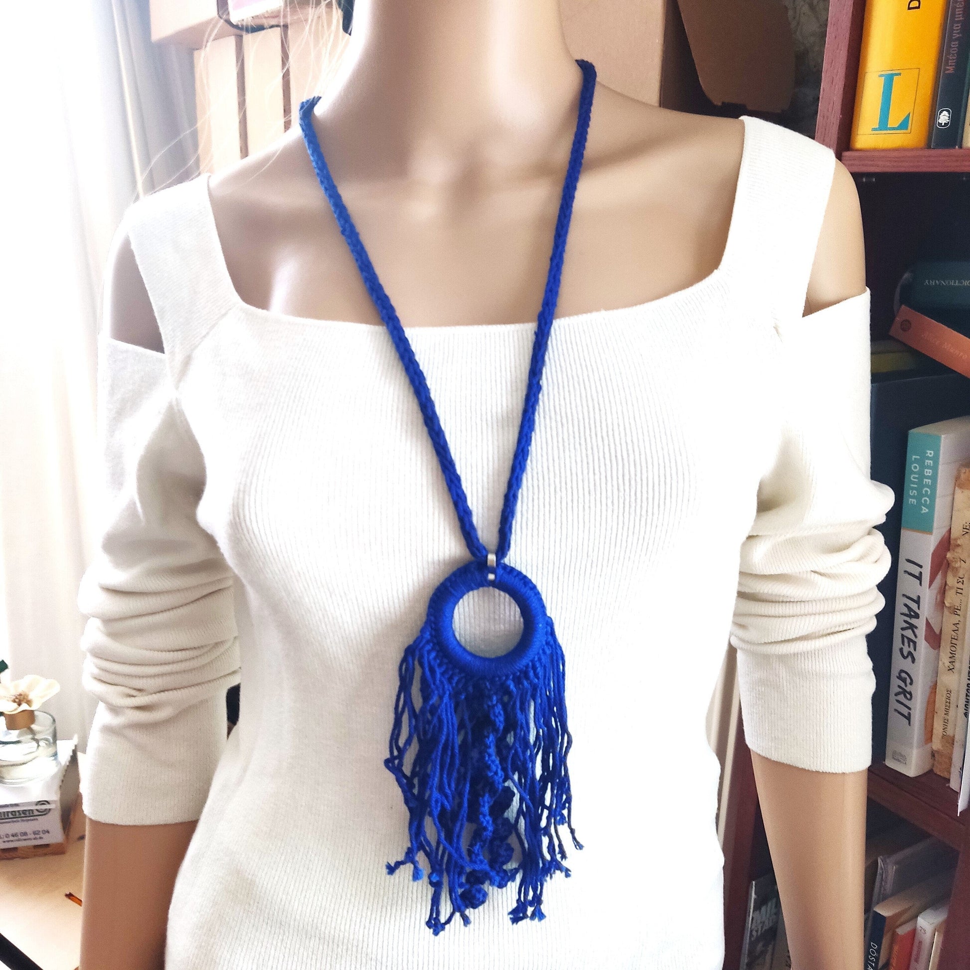 Royal Blue Crochet Fringe Pendant Necklace - Handmade Boho Statement Jewelry - StepToLight